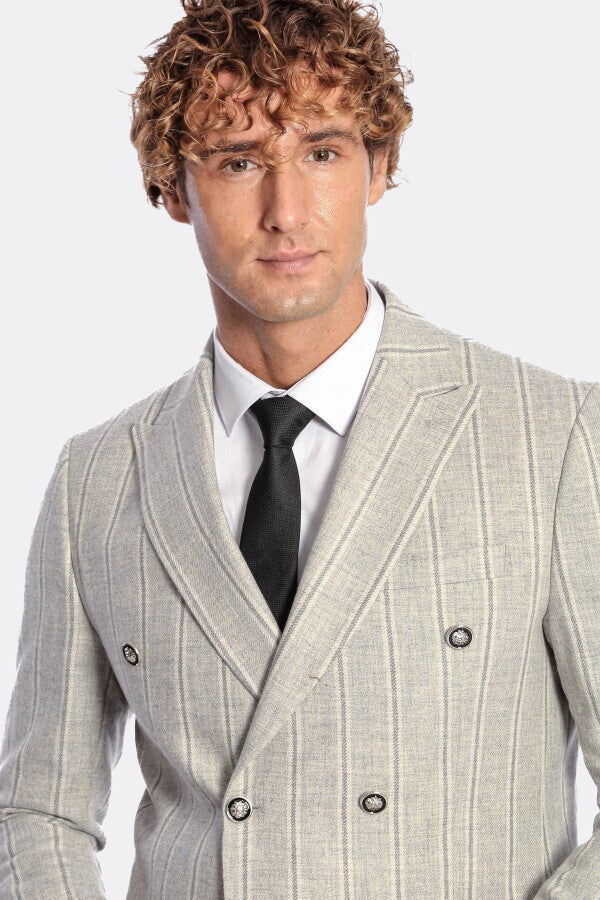Wide Lapel Striped Double Breasted Grey Men Blazer - Wessi