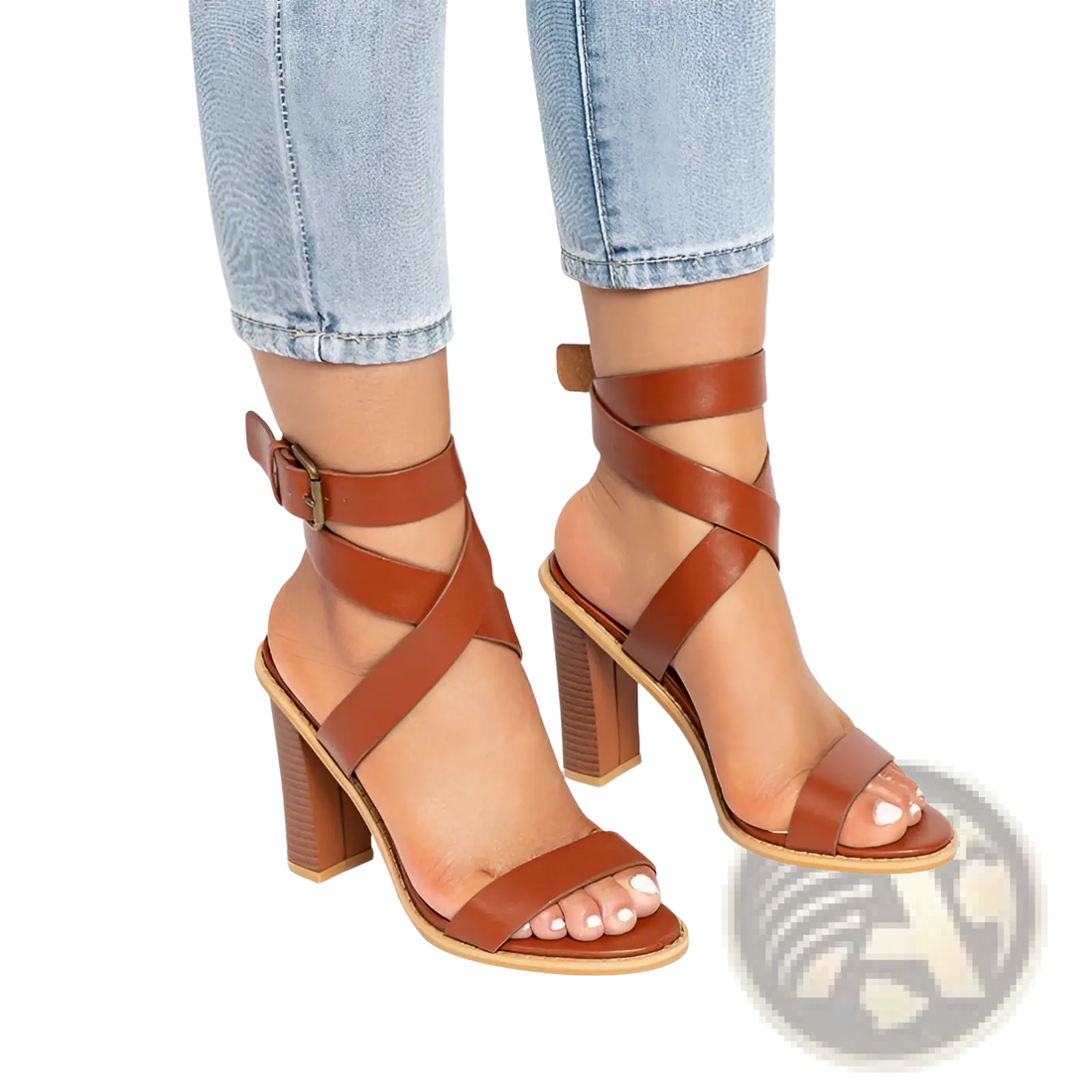 Plus Size Brown Leather Block Heel Strappy Sandals