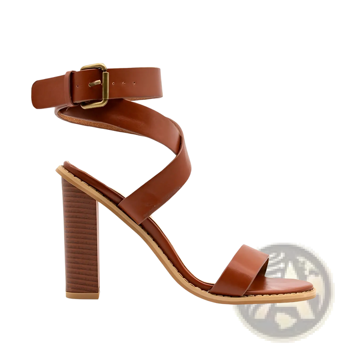Plus Size Brown Leather Block Heel Strappy Sandals
