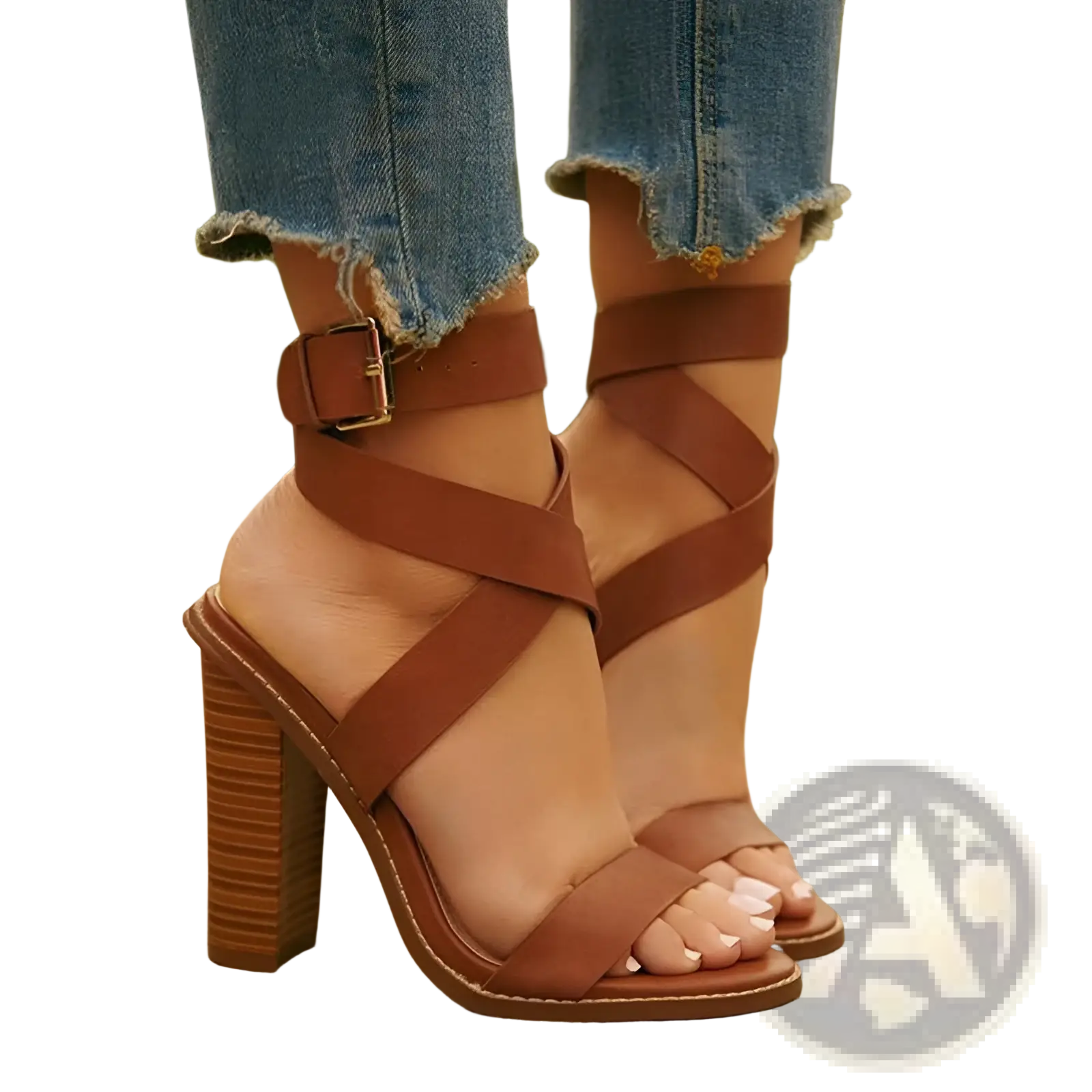 Plus Size Brown Leather Block Heel Strappy Sandals