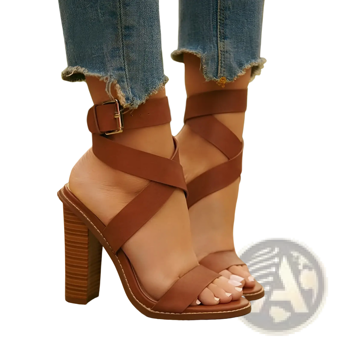 Plus Size Brown Leather Block Heel Strappy Sandals