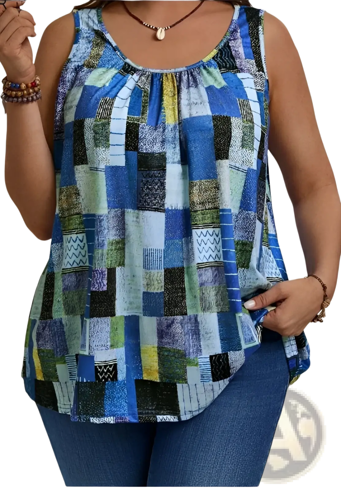 Plus Size Geometric Print Pleated Sleeveless Tank Top