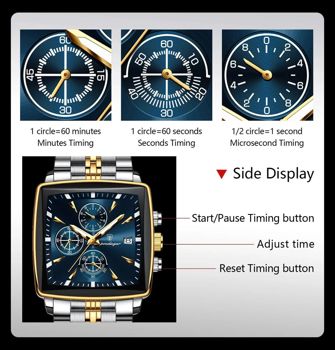 POEDAGAR Men's Square Chronograph Watch - Luminous Waterproof Stainless Steel Quartz Wristwatch