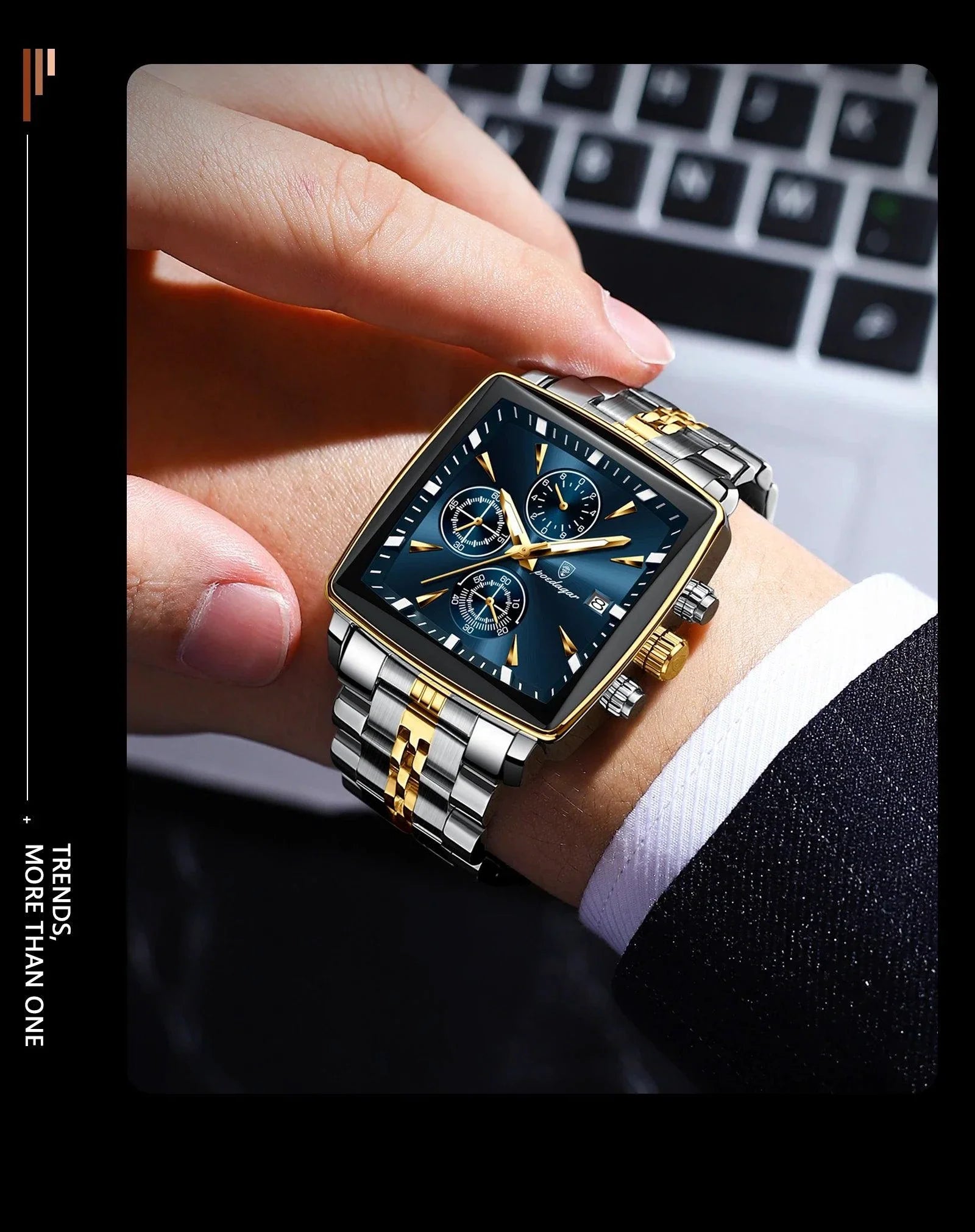 POEDAGAR Men's Square Chronograph Watch - Luminous Waterproof Stainless Steel Quartz Wristwatch