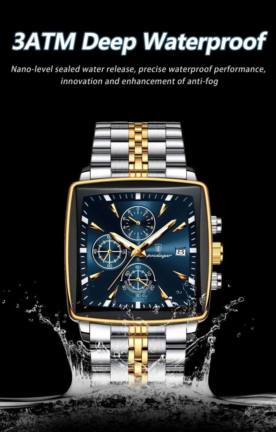 POEDAGAR Men's Square Chronograph Watch - Luminous Waterproof Stainless Steel Quartz Wristwatch