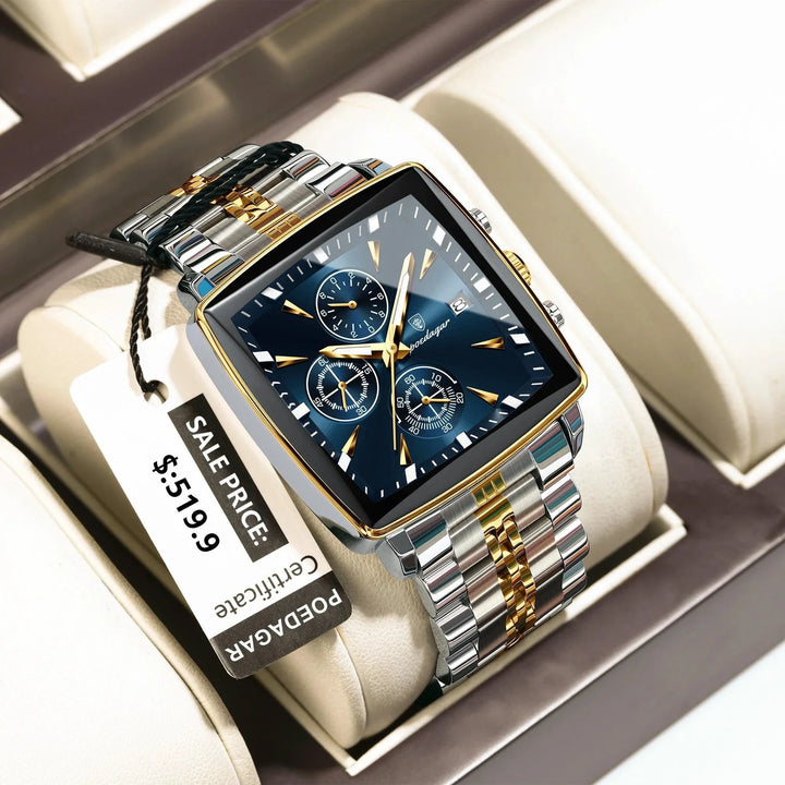 POEDAGAR Men's Square Chronograph Watch - Luminous Waterproof Stainless Steel Quartz Wristwatch