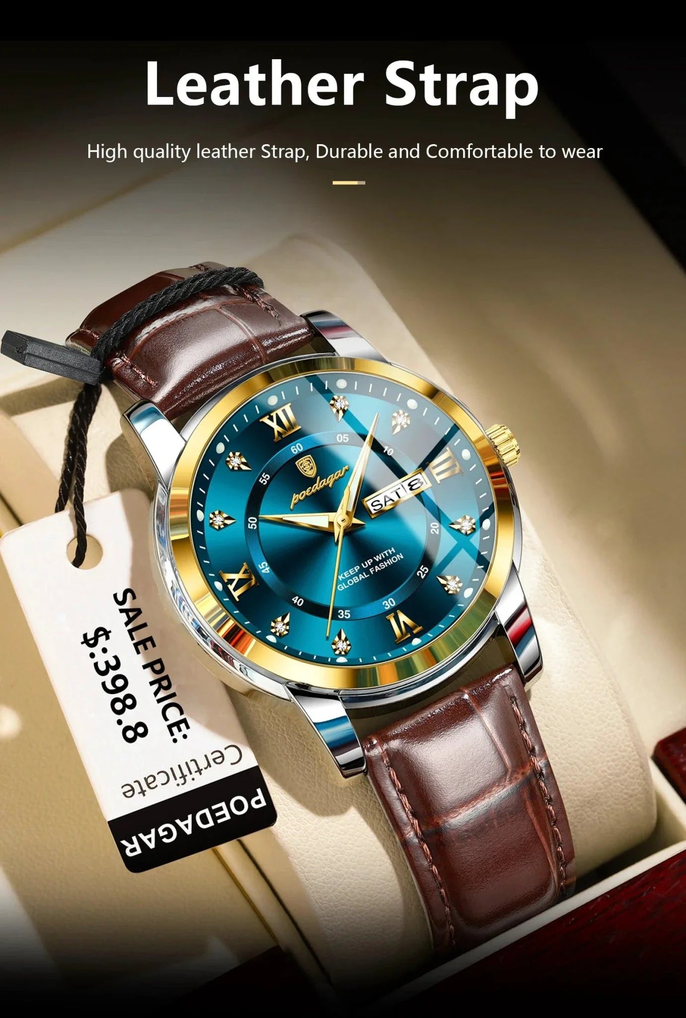 POEDAGAR Waterproof Leather Men's Quartz Watch