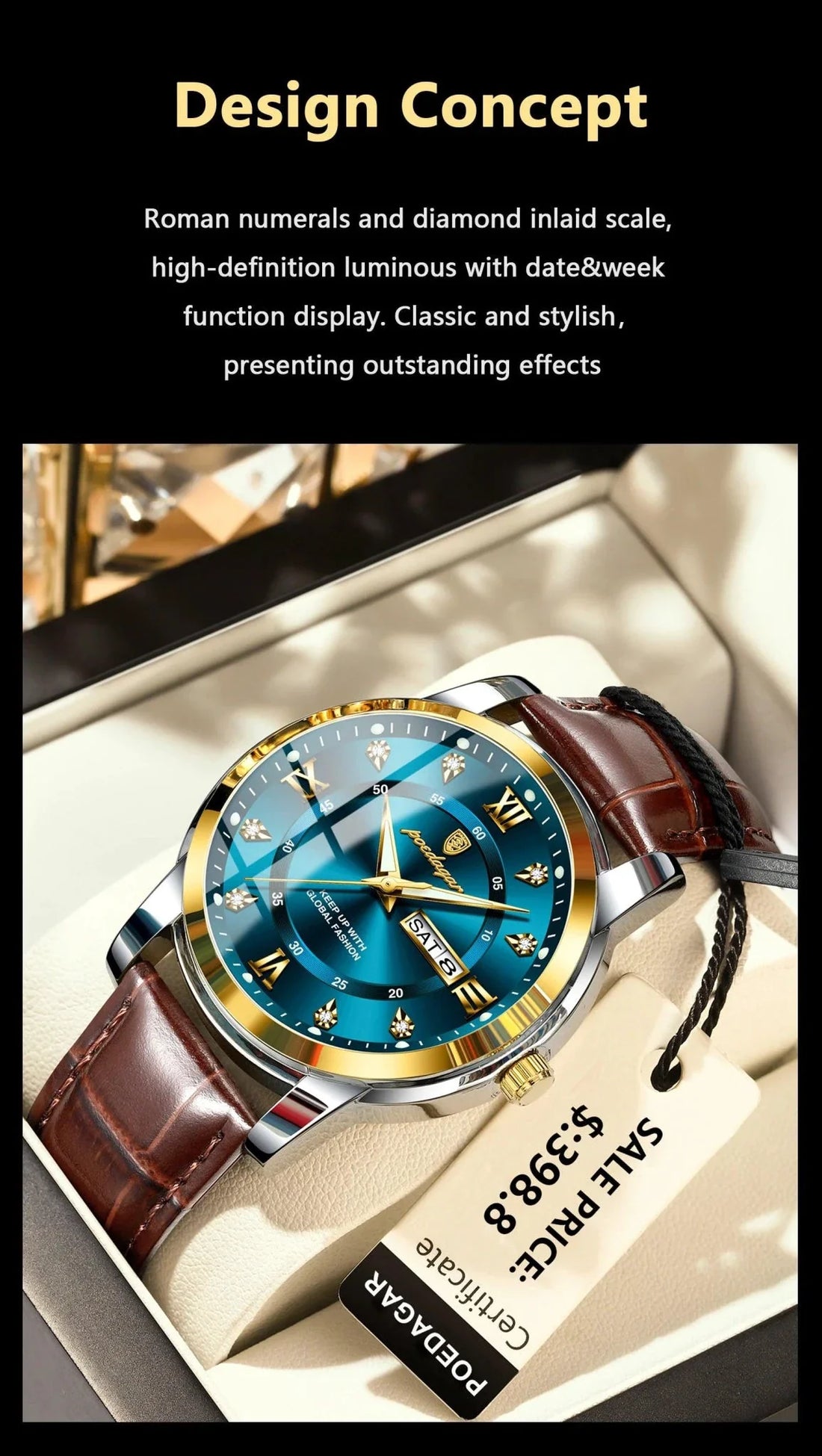 POEDAGAR Waterproof Leather Men's Quartz Watch