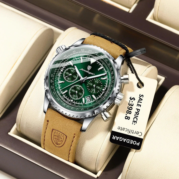 POEDAGAR Men's Luxury Quartz Chronograph Watch - Waterproof, Luminous, Leather - Military Sports Style