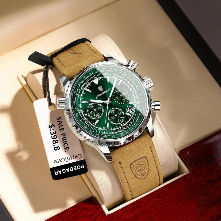 POEDAGAR Men's Luxury Quartz Chronograph Watch - Waterproof, Luminous, Leather - Military Sports Style