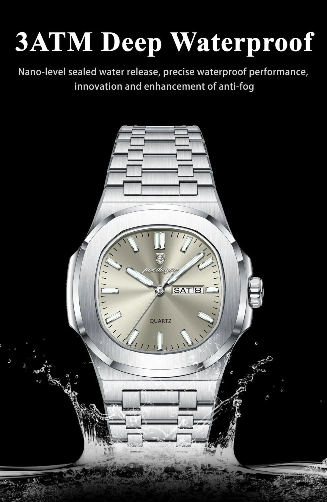 POEDAGAR Military Square Watch for Men - Waterproof, Luminous, Date & Week Display, Stainless Steel Quartz