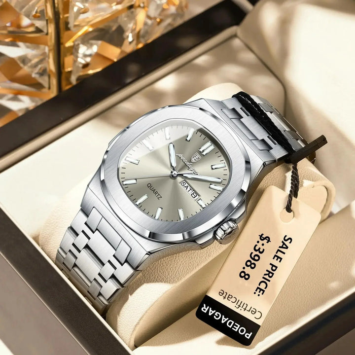 POEDAGAR Military Square Watch for Men - Waterproof, Luminous, Date & Week Display, Stainless Steel Quartz