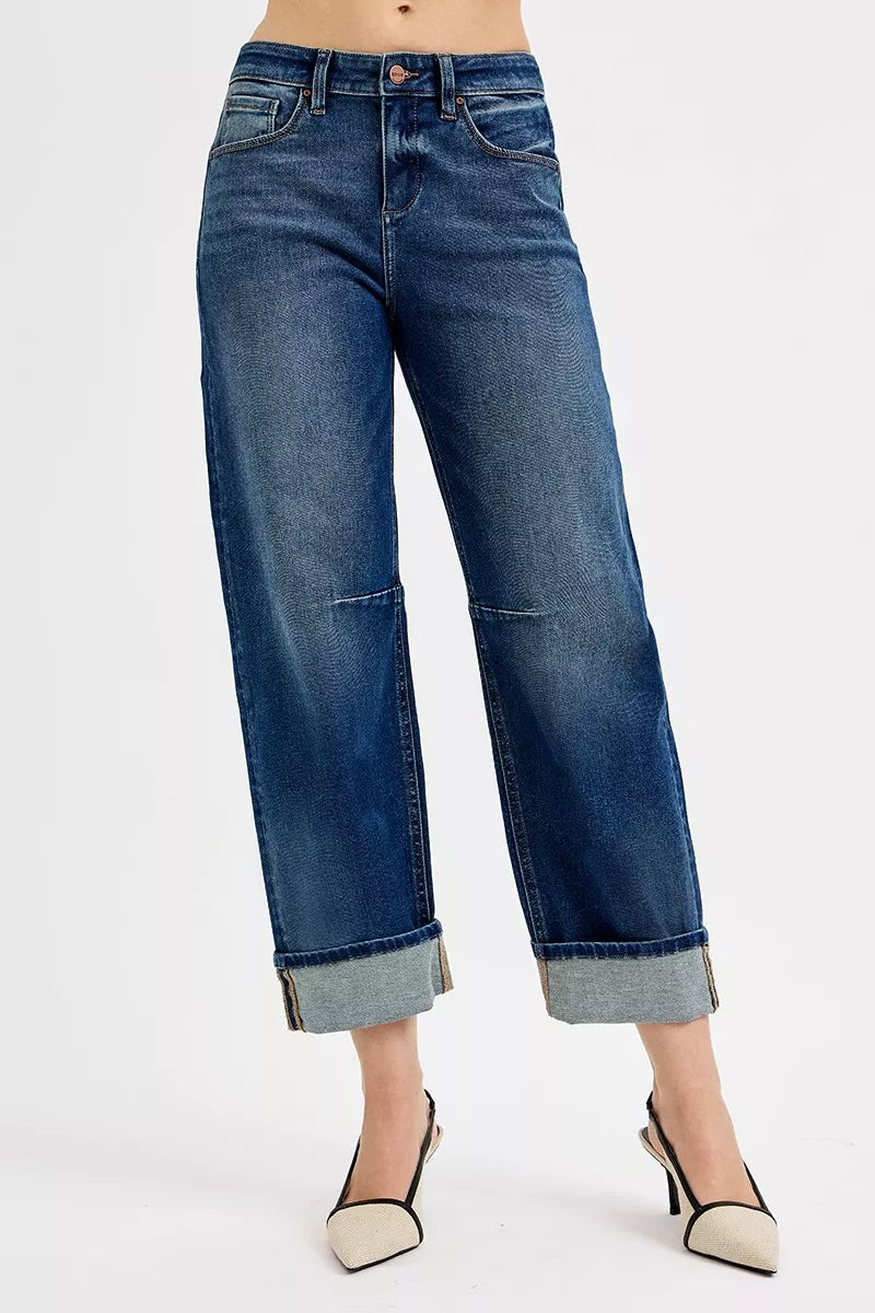 Slouchy Crop Barrel Cuffed Dark Blue Jeans