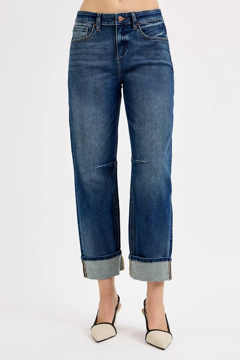 Slouchy Crop Barrel Cuffed Dark Blue Jeans