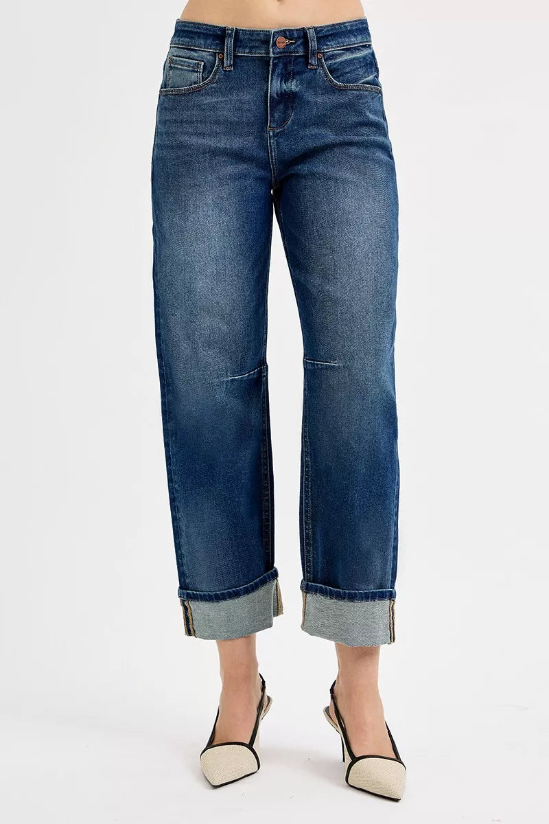 Slouchy Crop Barrel Cuffed Dark Blue Jeans