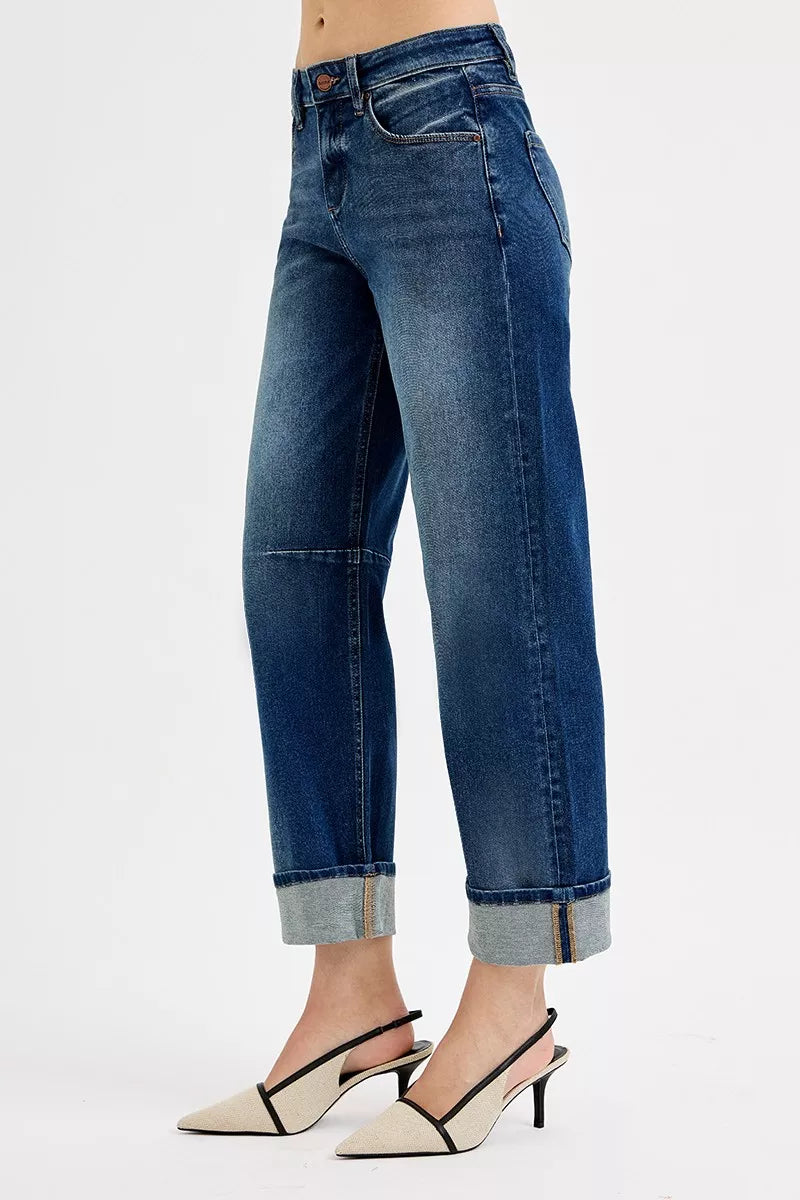 Slouchy Crop Barrel Cuffed Dark Blue Jeans