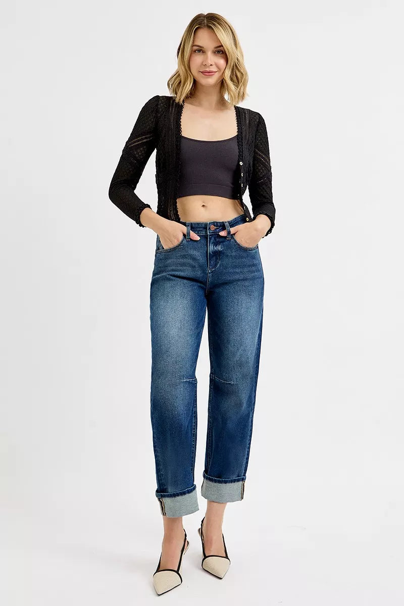Slouchy Crop Barrel Cuffed Dark Blue Jeans