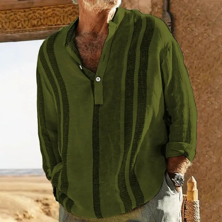 Men's Striped Slub Linen Stand Collar Casual Shirt