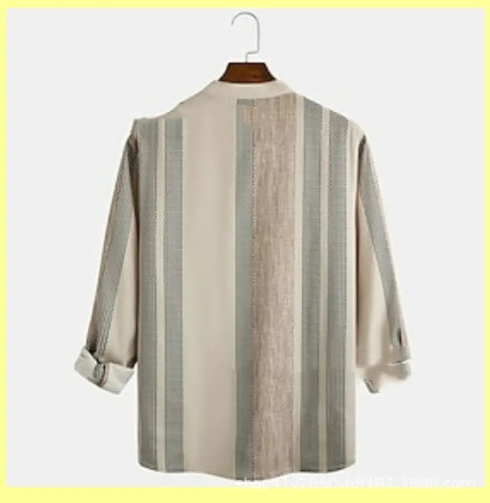Men's Striped Slub Linen Stand Collar Casual Shirt