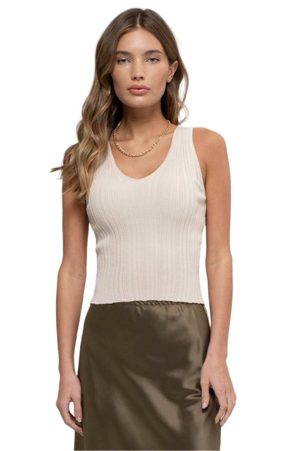 Sleeveless V Neck Ribbed Knit Top