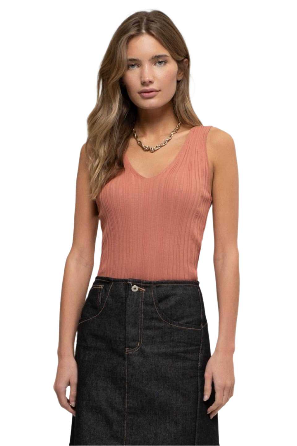 Sleeveless V Neck Ribbed Knit Top