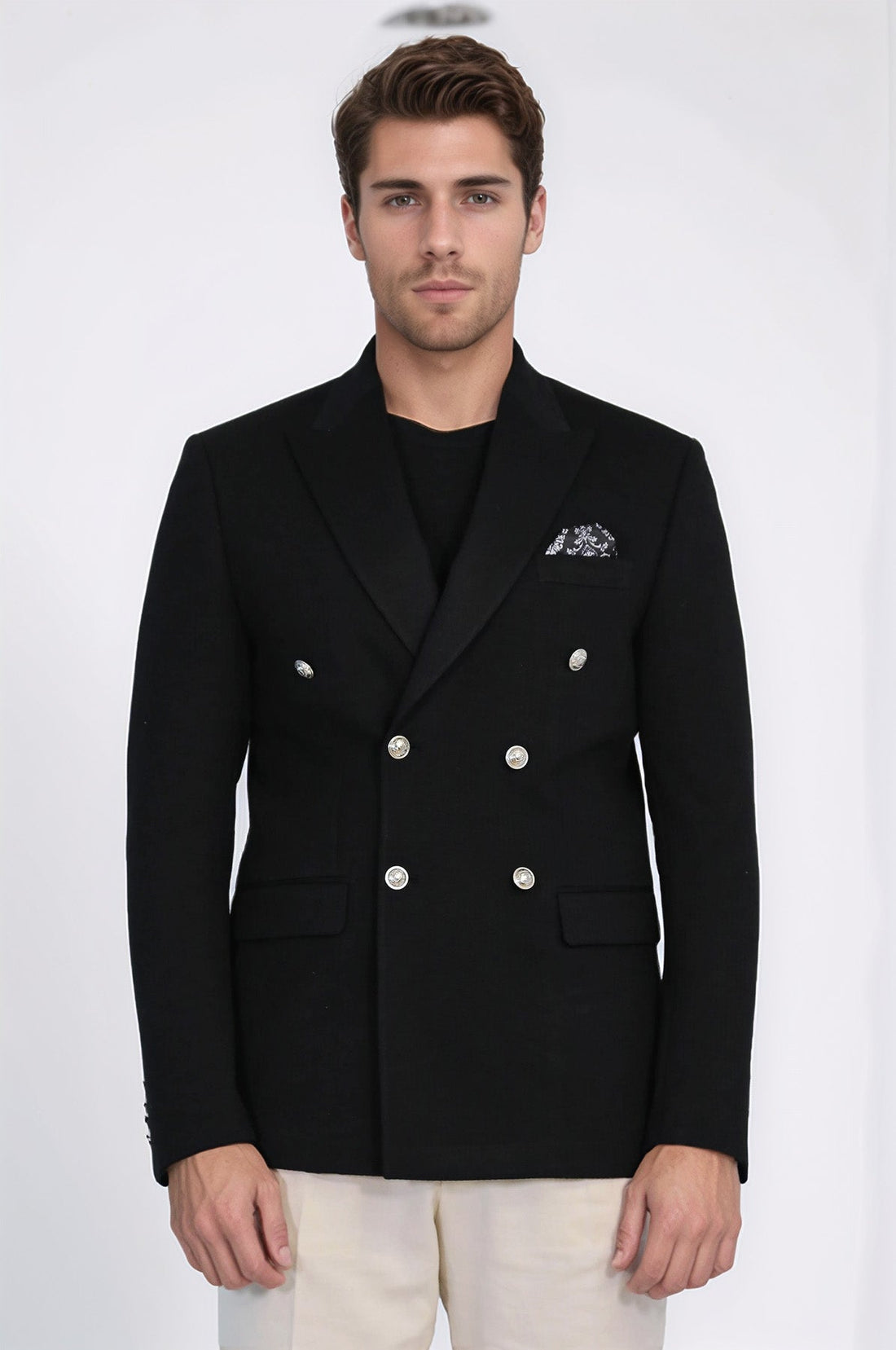 Black Solid Slim Fit Double-Breasted Blazer with Silver Metal Buttons – Wessi