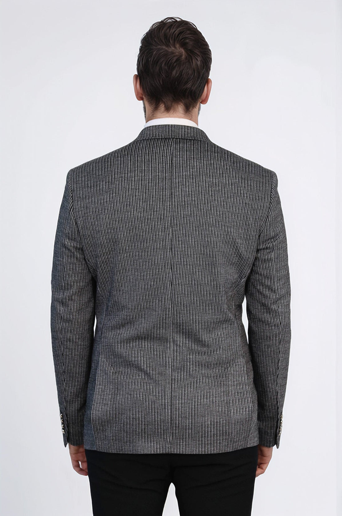 Black Pinstriped Slim Fit Double-Breasted Blazer with Silver Metal Buttons – Wessi