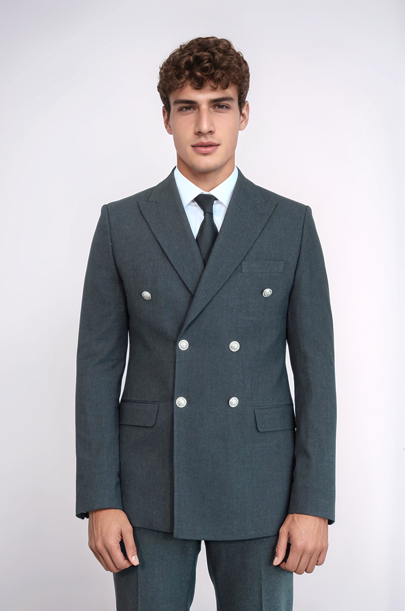 Modern Fit Double-Breasted Dark Grey Men’s Suit with Silver-Tone Metal Buttons – Wessi