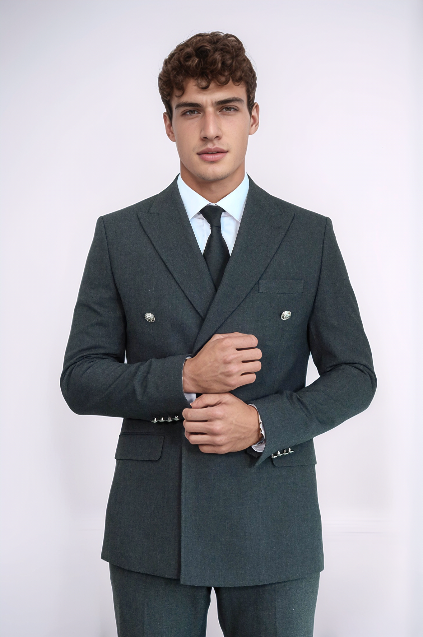 Modern Fit Double-Breasted Dark Grey Men’s Suit with Silver-Tone Metal Buttons – Wessi