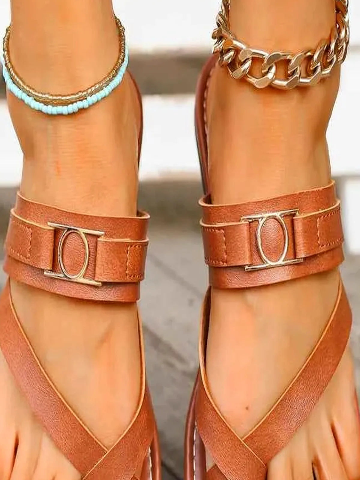 Brown Faux Leather Thong Toe Loop Flat Sandals