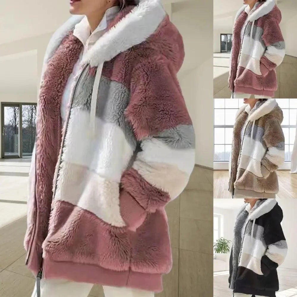 Plus Size Jacket Women Autumn Winter Long Sleeve Color Block Zipper Fluff Hooded Warm Coat Jacket