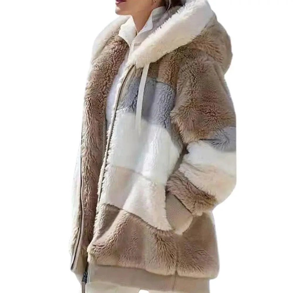 Plus Size Jacket Women Autumn Winter Long Sleeve Color Block Zipper Fluff Hooded Warm Coat Jacket