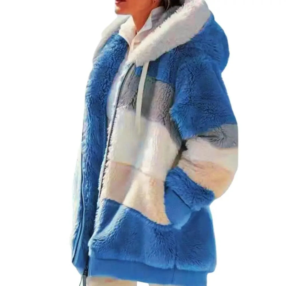 Plus Size Jacket Women Autumn Winter Long Sleeve Color Block Zipper Fluff Hooded Warm Coat Jacket