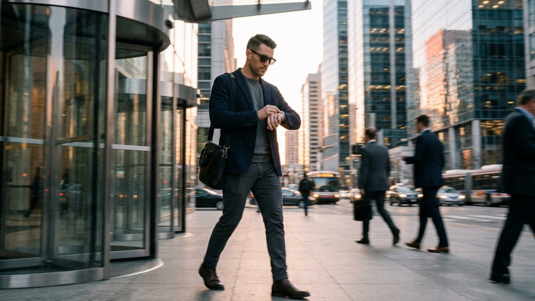 Stylish urban professional man in blazer checking watch on busy city street