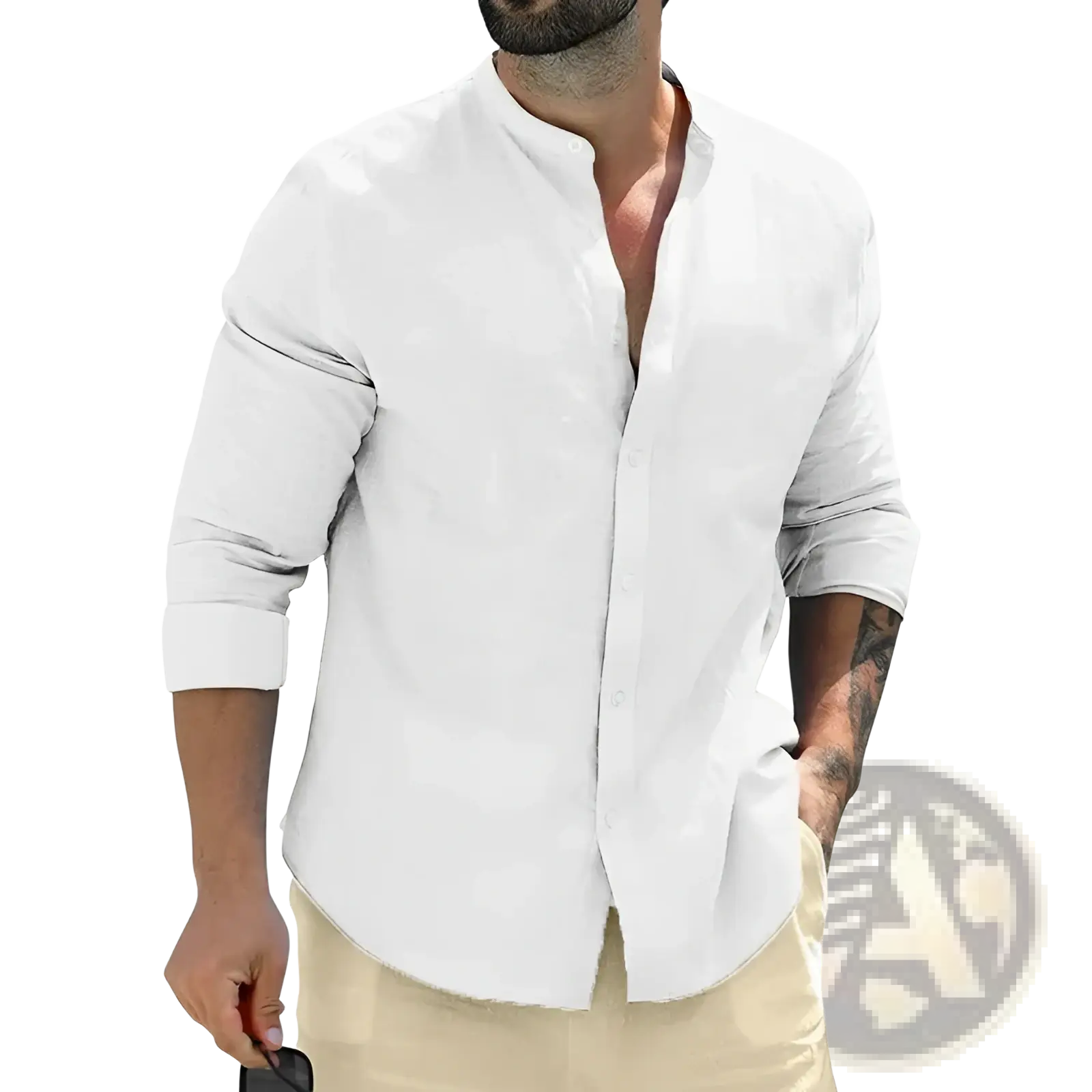 White Cotton Mandarin Collar Long Sleeve Shirt