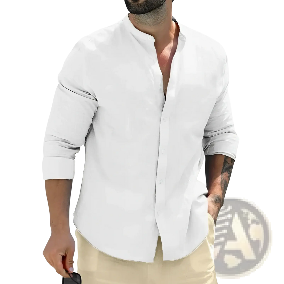 White Cotton Mandarin Collar Long Sleeve Shirt
