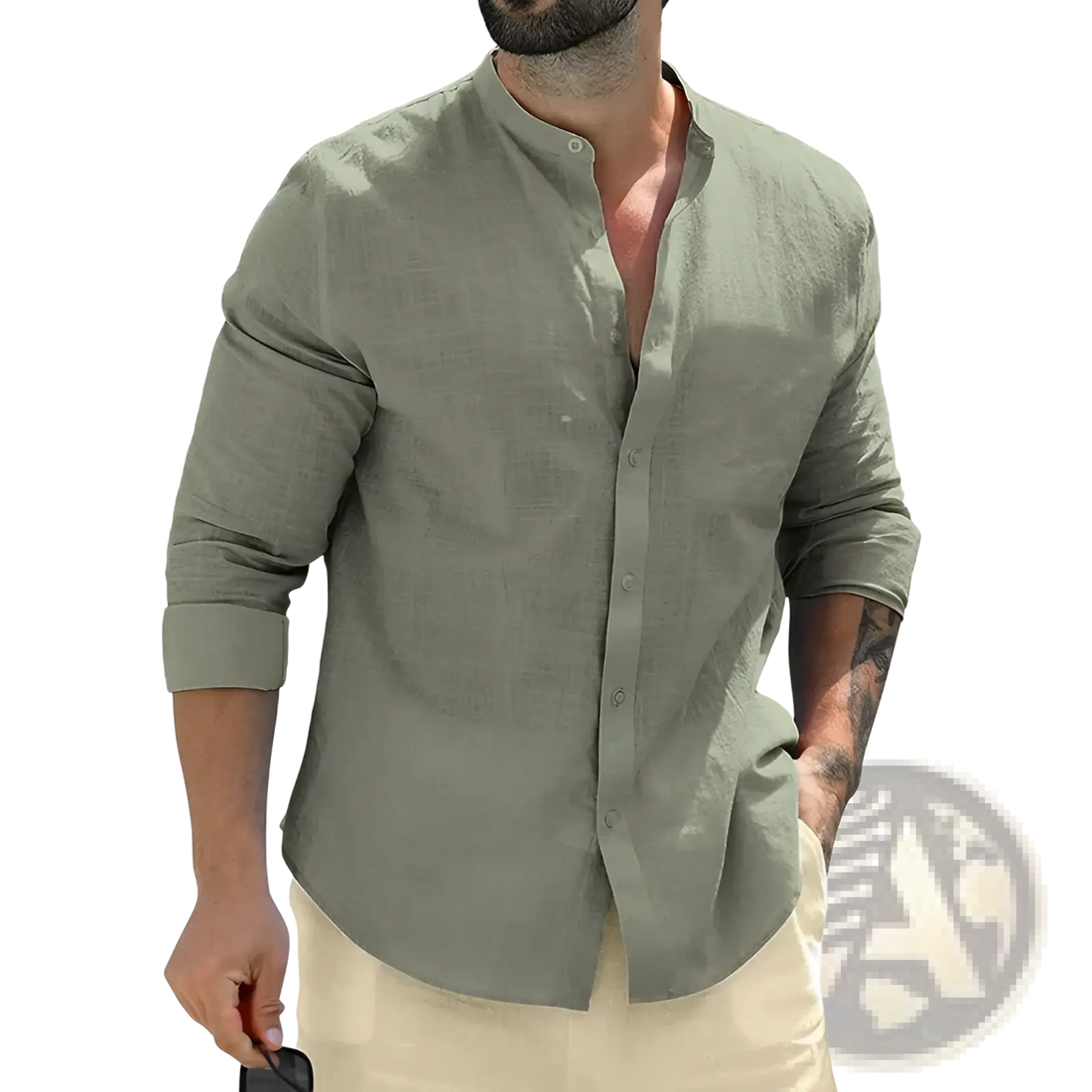 White Cotton Mandarin Collar Long Sleeve Shirt