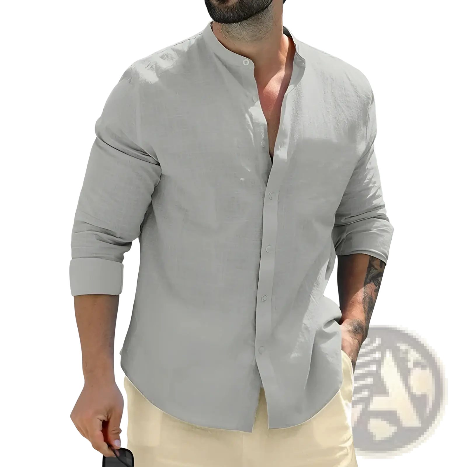 White Cotton Mandarin Collar Long Sleeve Shirt