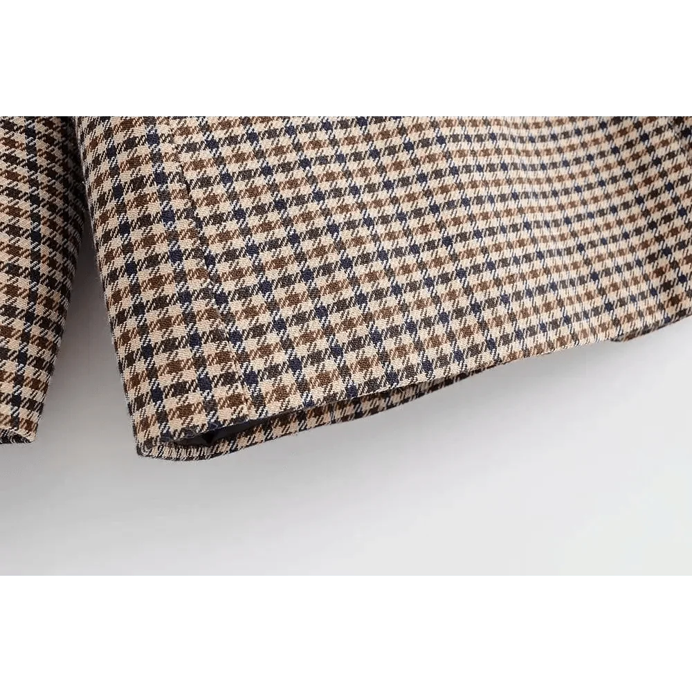 Women's Fashionable Office Wear Double Breasted Plaid Blazer Coat Vintage Long Sleeve Pockets Female Outerwear Chic Tops