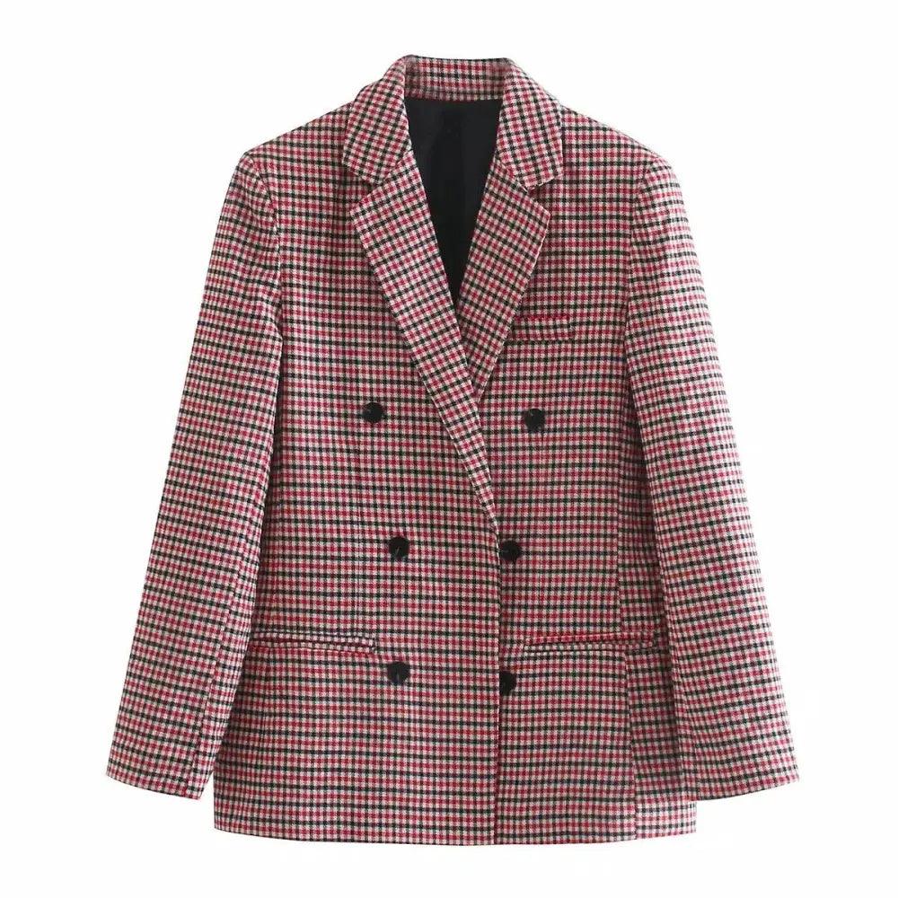 Women's Fashionable Office Wear Double Breasted Plaid Blazer Coat Vintage Long Sleeve Pockets Female Outerwear Chic Tops