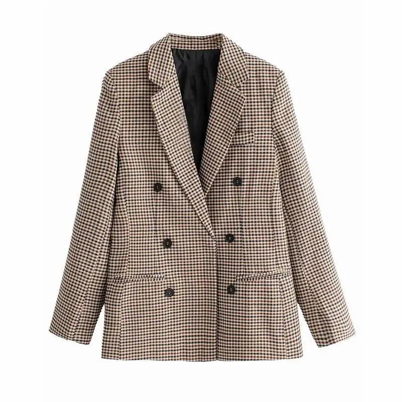 Women's Fashionable Office Wear Double Breasted Plaid Blazer Coat Vintage Long Sleeve Pockets Female Outerwear Chic Tops