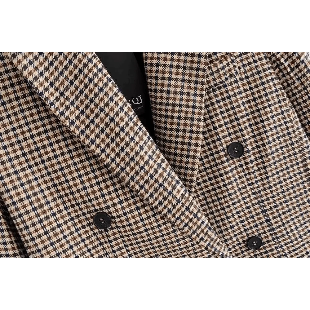 Women's Fashionable Office Wear Double Breasted Plaid Blazer Coat Vintage Long Sleeve Pockets Female Outerwear Chic Tops