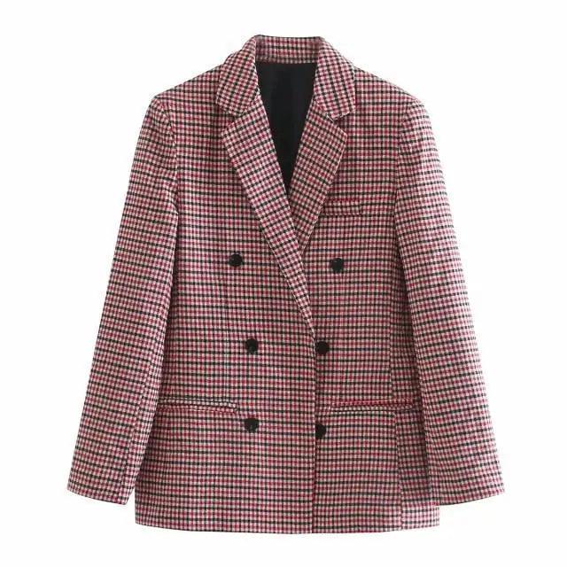 Women's Fashionable Office Wear Double Breasted Plaid Blazer Coat Vintage Long Sleeve Pockets Female Outerwear Chic Tops