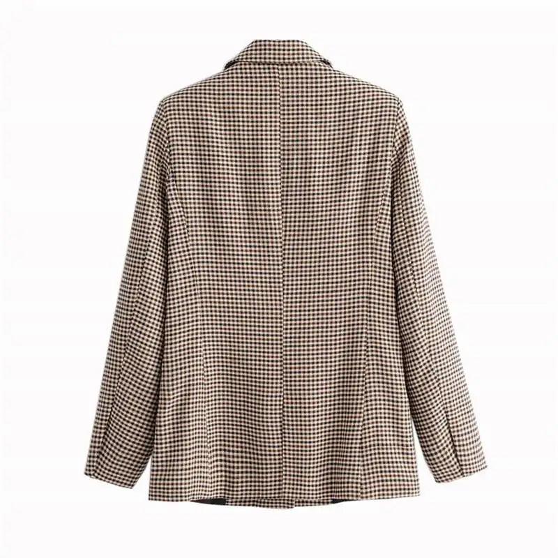 Women's Fashionable Office Wear Double Breasted Plaid Blazer Coat Vintage Long Sleeve Pockets Female Outerwear Chic Tops