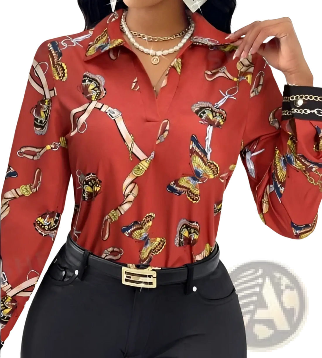 Women's Butterfly and Chain Print Long Sleeve Blouse