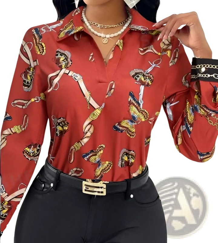Women's Butterfly and Chain Print Long Sleeve Blouse