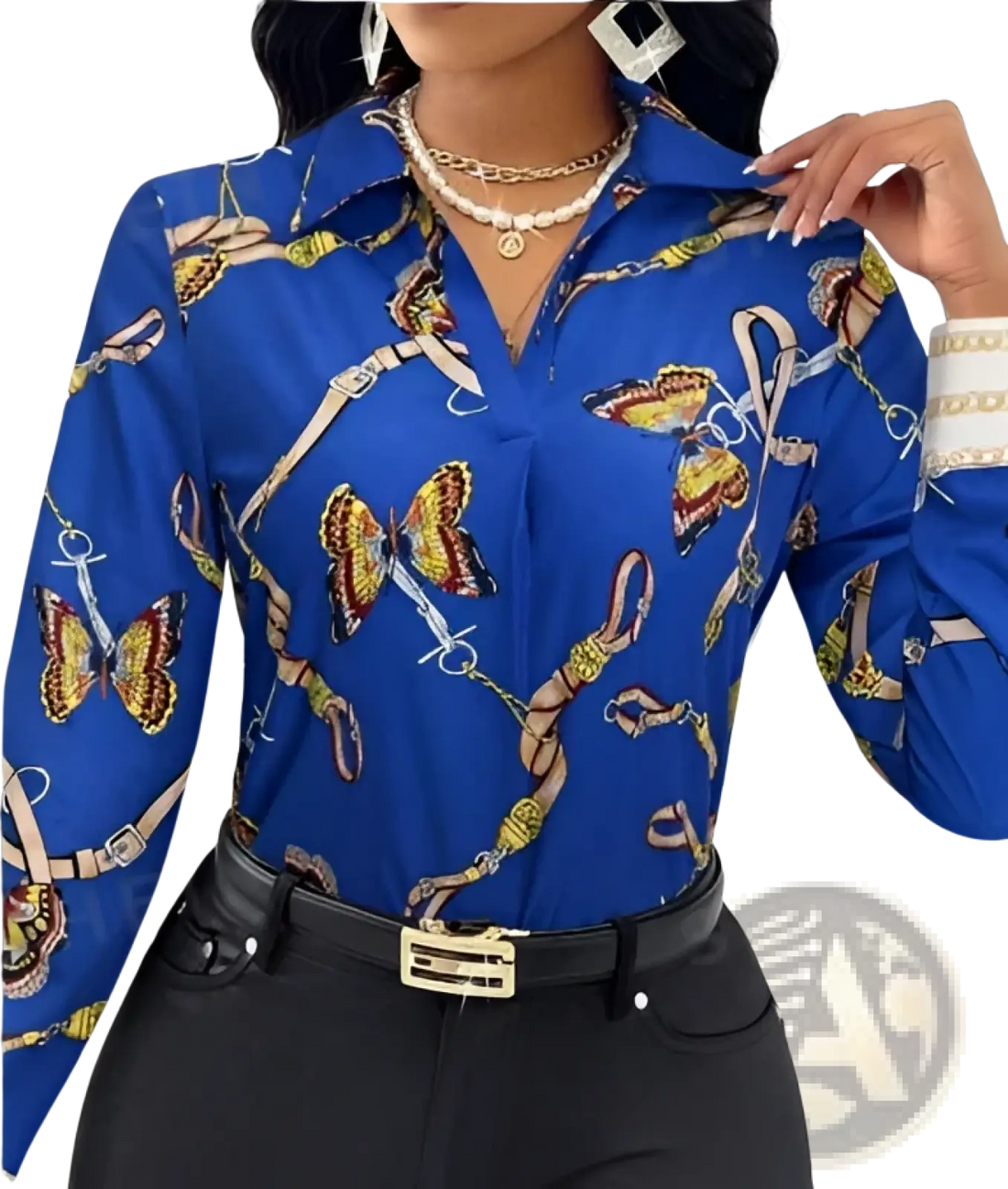 Women's Butterfly and Chain Print Long Sleeve Blouse