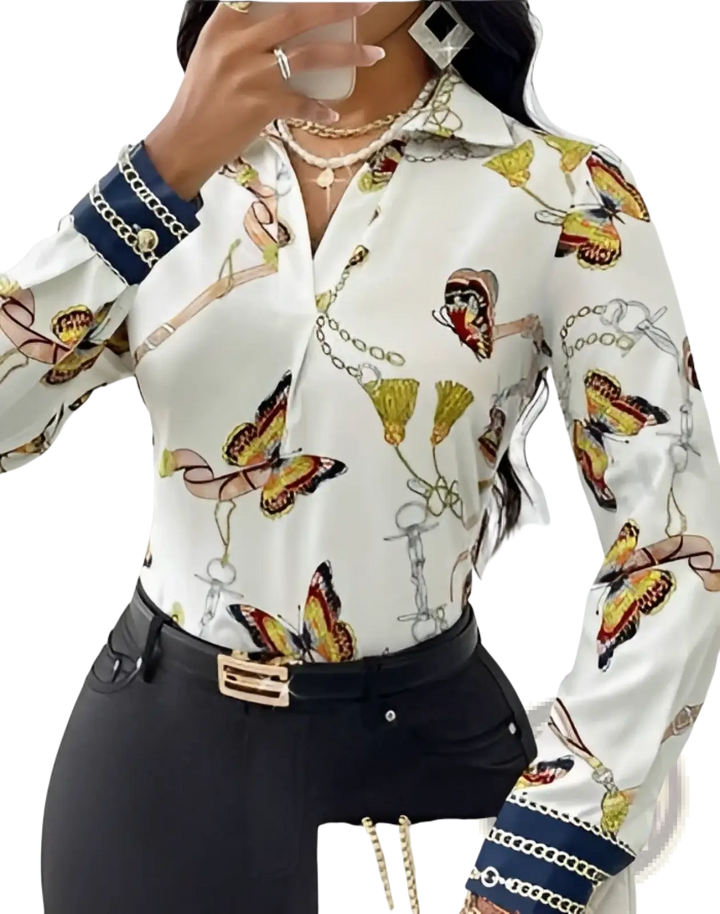 Women's Butterfly and Chain Print Long Sleeve Blouse