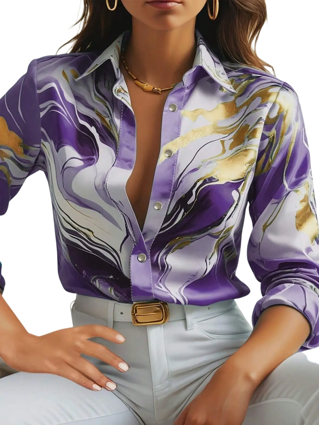 Women's Marble Print Satin Long Sleeve Button Blouse