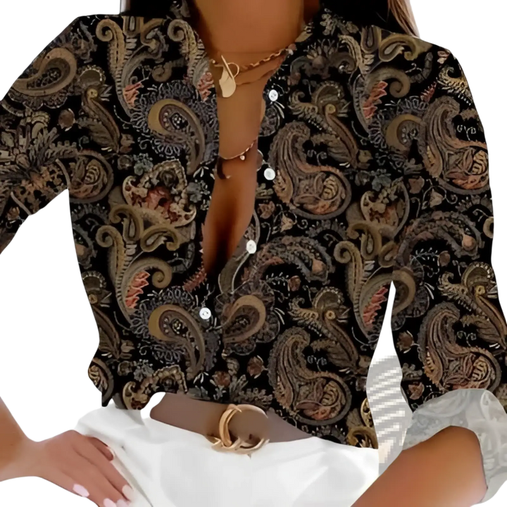 Women's Marble Print Satin Long Sleeve Button Blouse